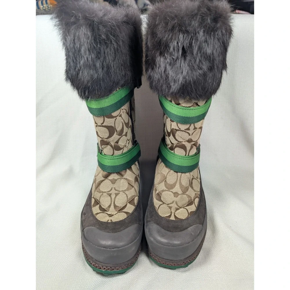 Coach Mariette‎ Winter Snow Boots Womens 10 Khaki Green Signature Fur Trim